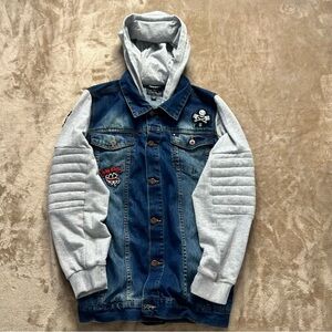 Vintage Lucky Brand Blue Denim Jacket with Gray Jogger Sleeves and Hoodie Sz XL